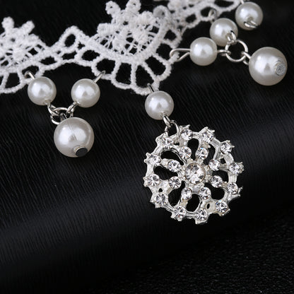 White Lace Bridal Choker Rhinestones Pearl Pendant