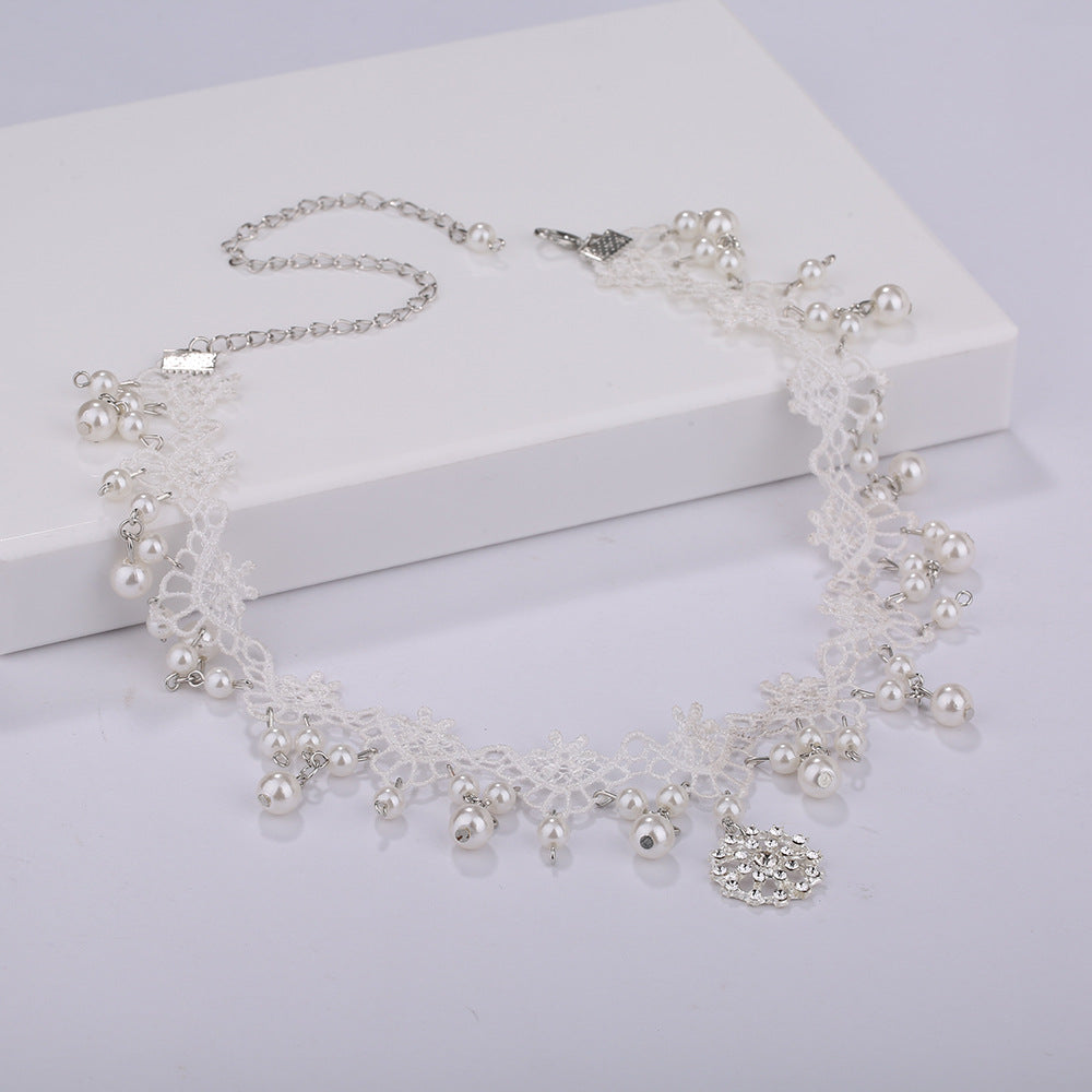 White Lace Bridal Choker Rhinestones Pearl Pendant