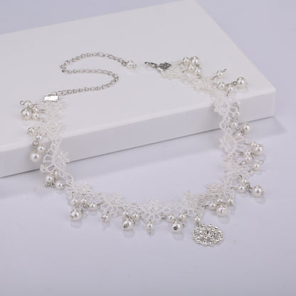 White Lace Bridal Choker Rhinestones Pearl Pendant