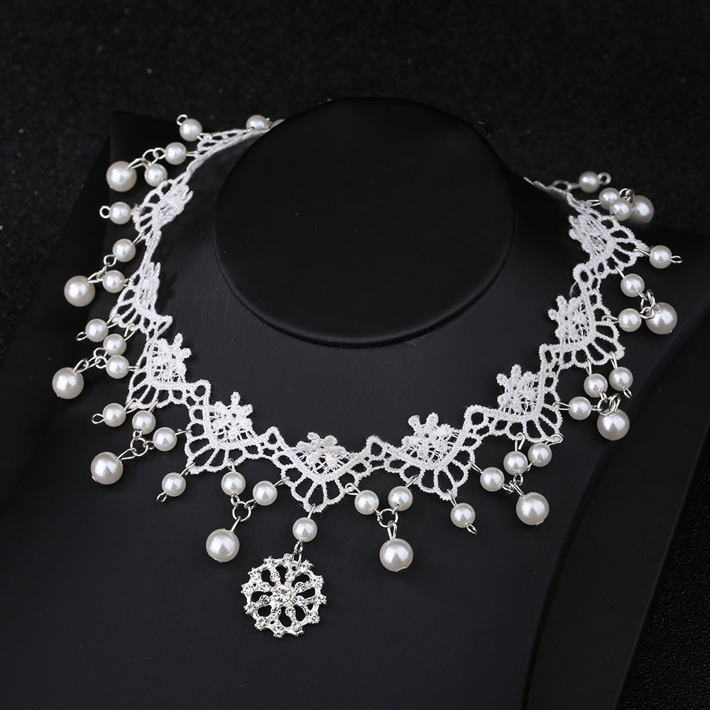 White Lace Bridal Choker Rhinestones Pearl Pendant