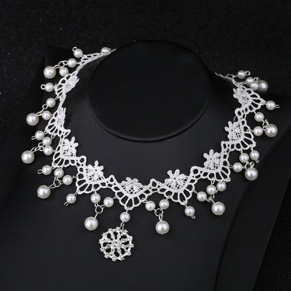 White Lace Bridal Choker Rhinestones Pearl Pendant