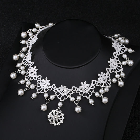 White Lace Bridal Choker Rhinestones Pearl Pendant