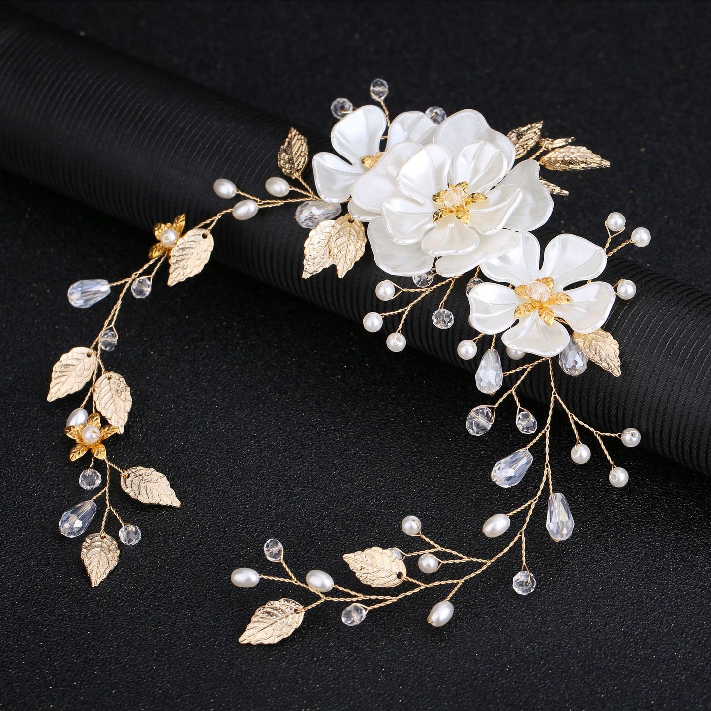 Handmade Pearl Bridal Headband Elegant White Pearl Leaf Hairpiece