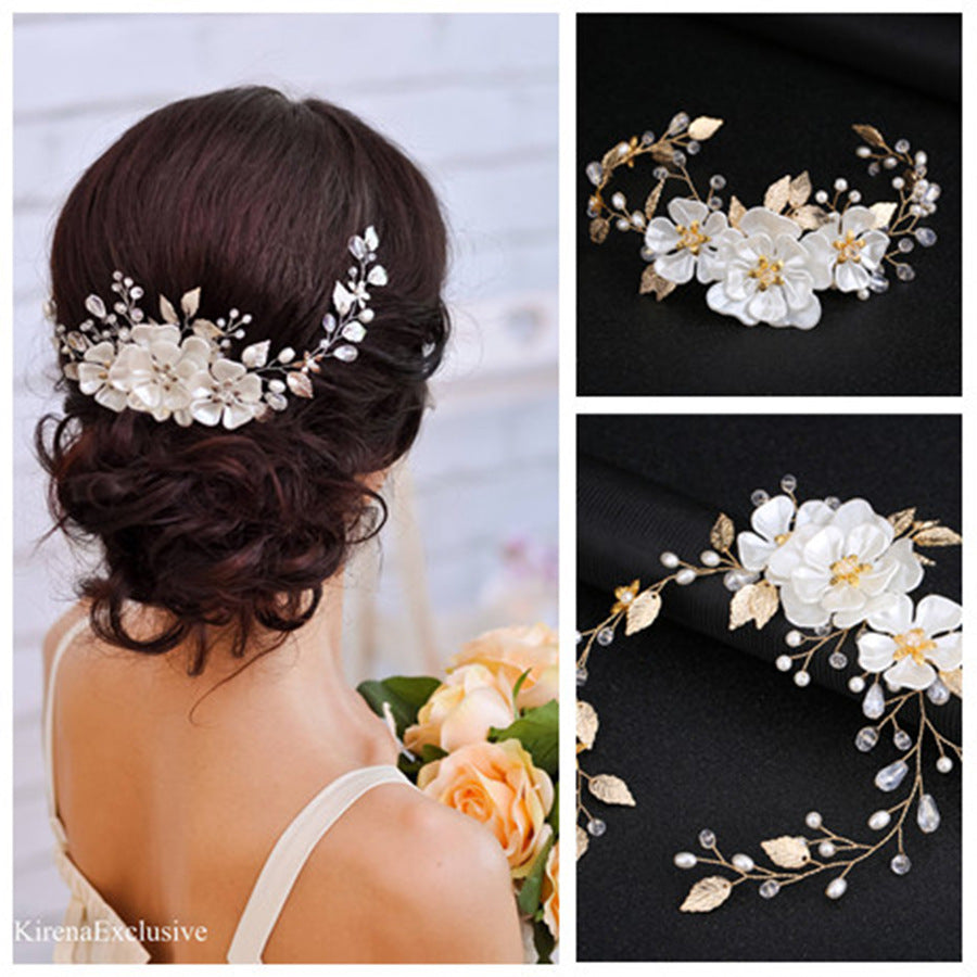 Handmade Pearl Bridal Headband Elegant White Pearl Leaf Hairpiece
