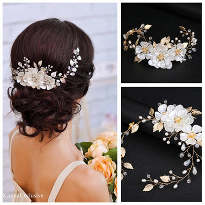 Handmade Pearl Bridal Headband Elegant White Pearl Leaf Hairpiece