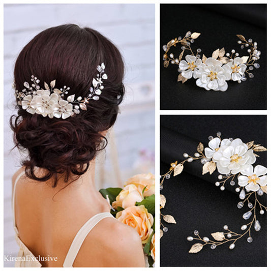 Handmade Pearl Bridal Headband Elegant White Pearl Leaf Hairpiece