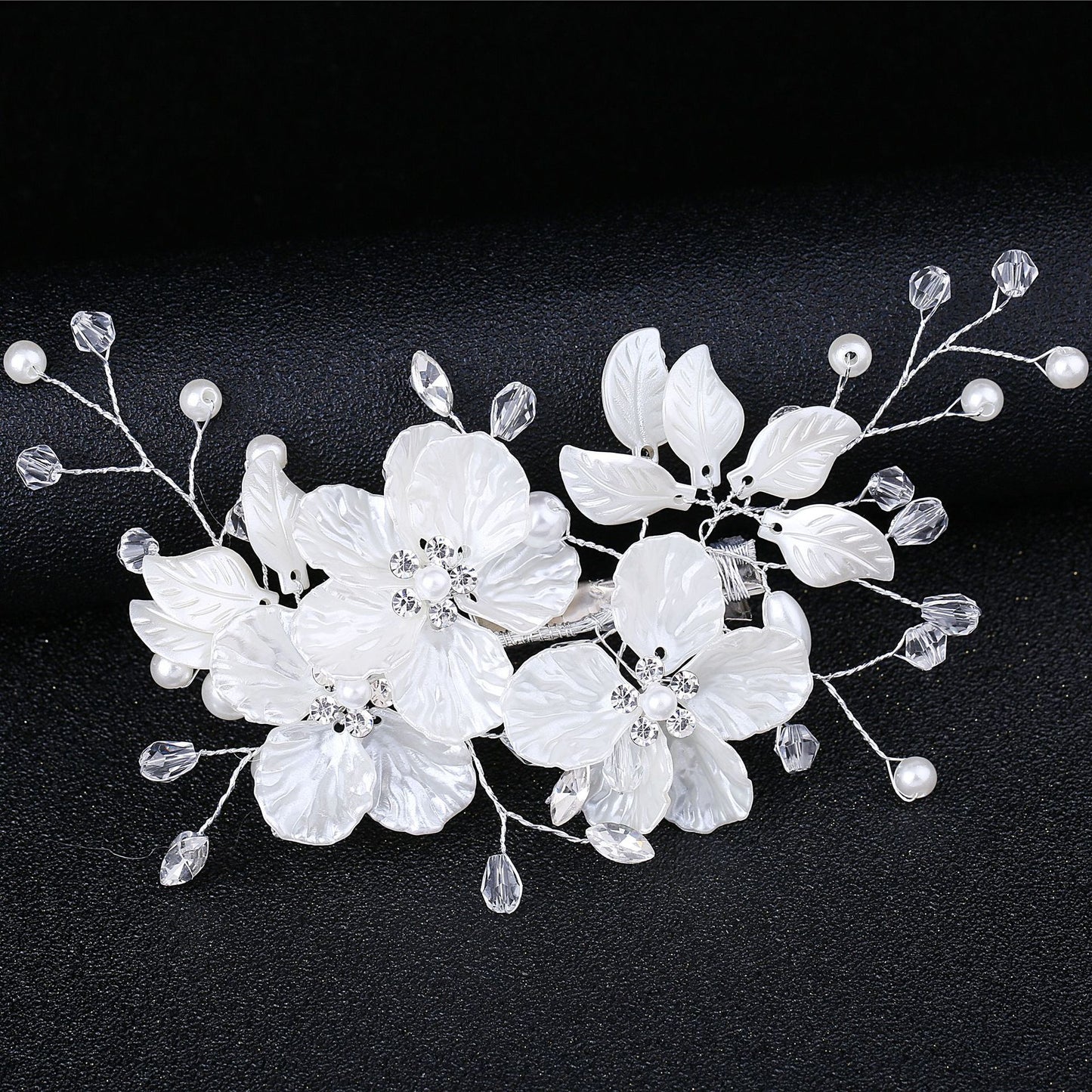 Pearl and Crystal Wedding Hair Clip with Shell Petal Design