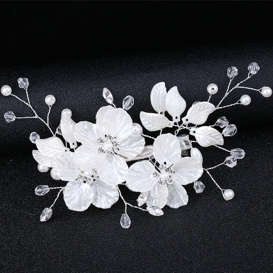 Pearl and Crystal Wedding Hair Clip with Shell Petal Design