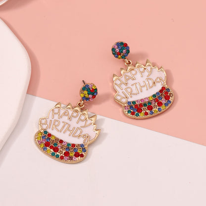 Rhinestone Birthday Cake Stud Earrings Elegant Casual