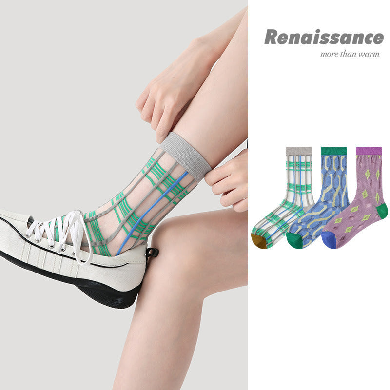 Renaissance Striped Mesh Mid Calf Cotton Socks