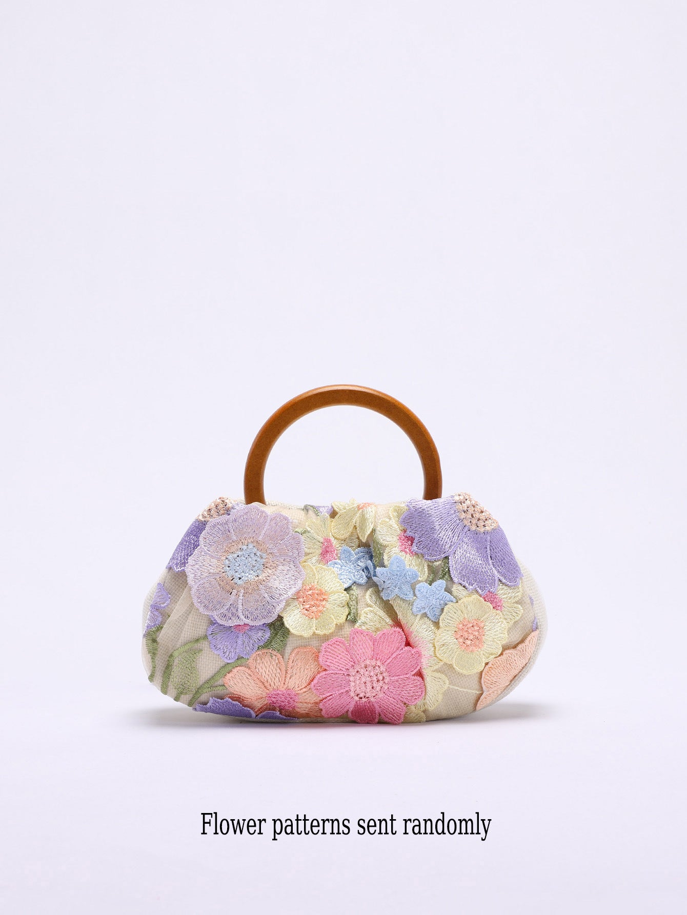 Round Wood Handle Bag Floral Embroidered Beach Style Women's Clutch