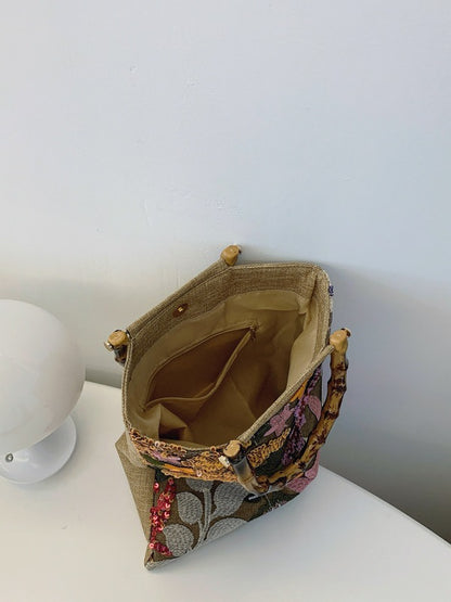New Embroidered Sequin Bamboo Handle Evening Bag
