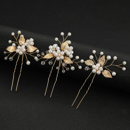 Gold Silver Leaf Pearl U Shaped Hairpins Set