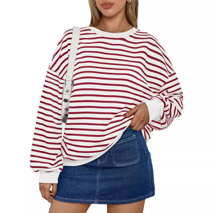 Colorful Striped Crew Neck Loose Sweatshirt for Women