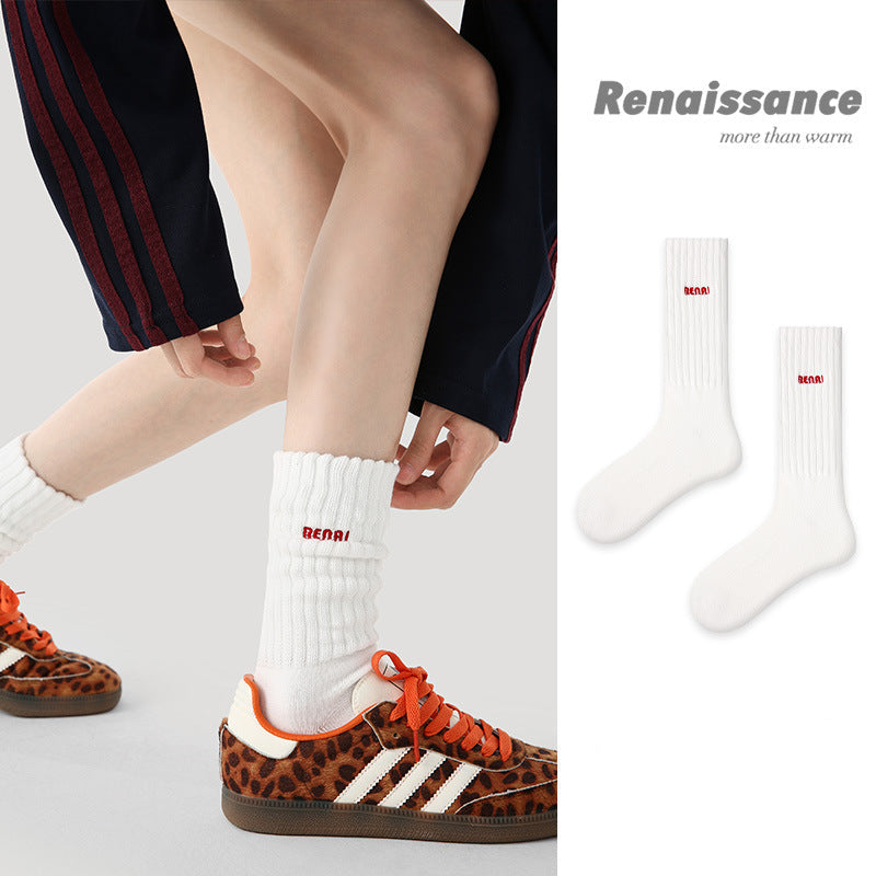 Mid Calf Embroidered Cotton Blend Slouch Socks Vintage