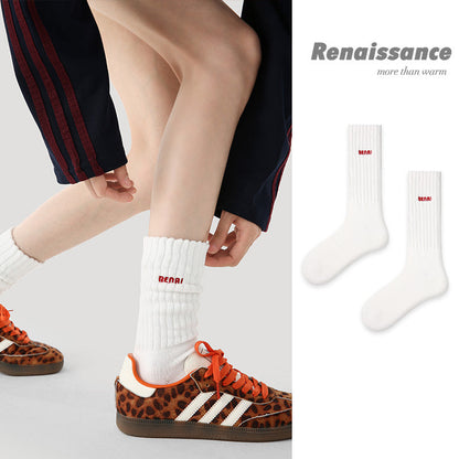 Mid Calf Embroidered Cotton Blend Slouch Socks Vintage