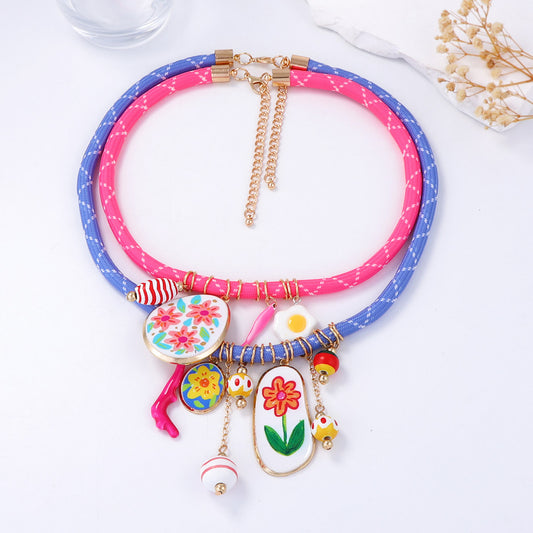 Necklace Colorful Plumeria Coral Geometric Pendant