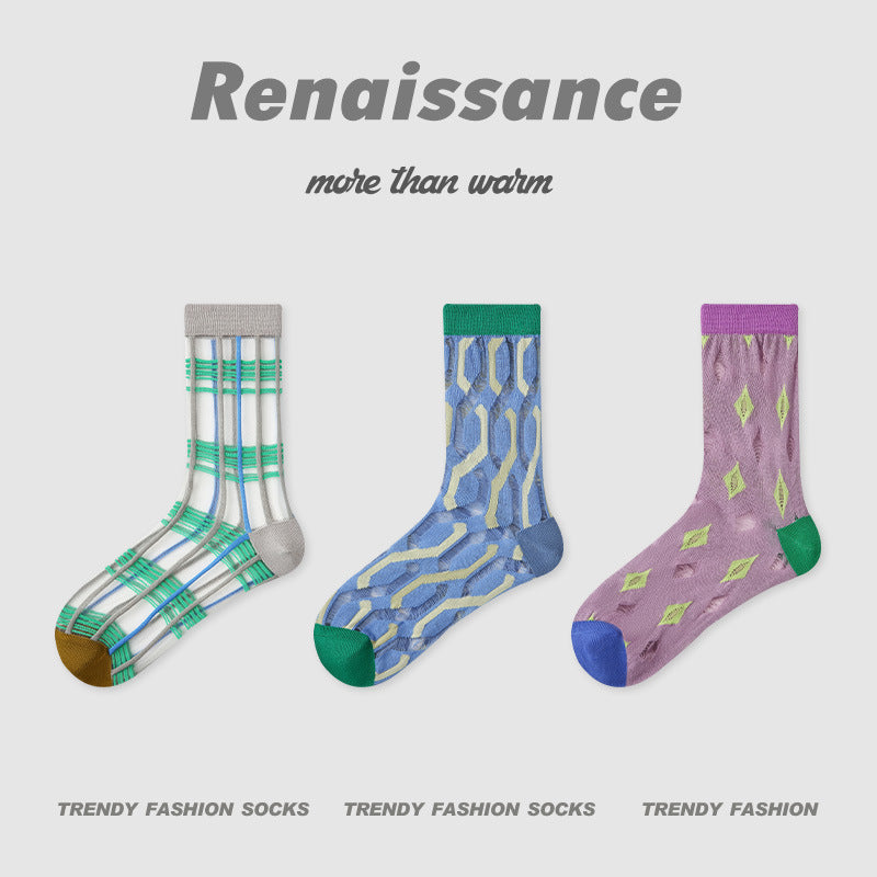 Mid Calf Striped Mesh Breathable Cotton Socks
