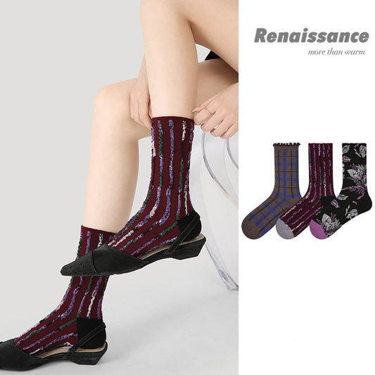 Socks Embossed Floral Mid Calf Cotton Moisture Wicking