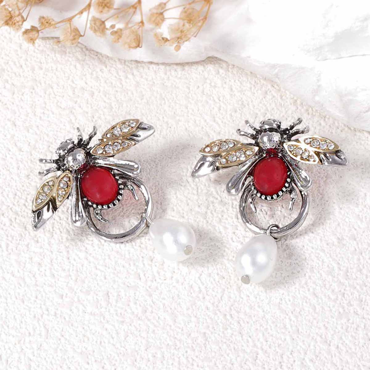 Earrings Bee Pearl Teardrop With Zircon Accents Elegant