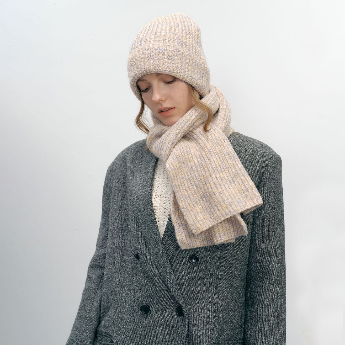 Unisex Solid Color Wool Blend Knitted Beanie and Scarf Set
