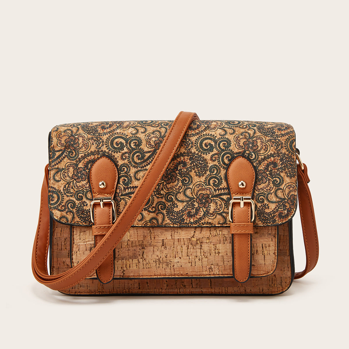 Big Capacity Vintage Floral Cork Messenger Bag
