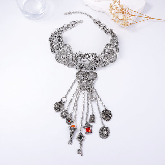 Bohemian Geometric Floral Tassel Statement Necklace