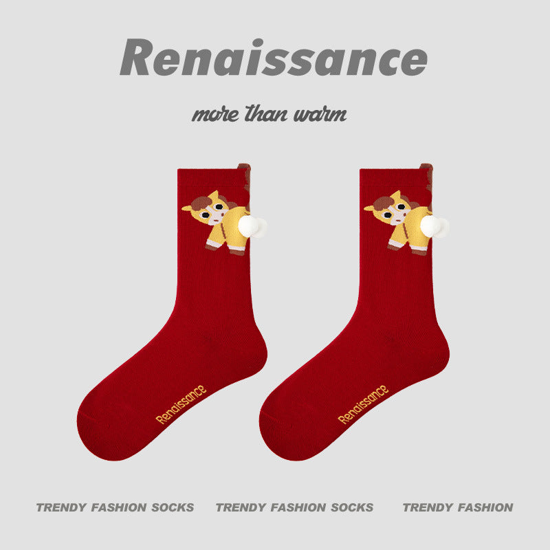 Mid Calf Horse Motif Cotton Blend Comfort Socks