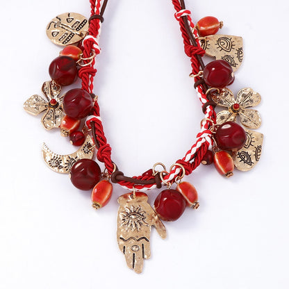 Necklace Bohemian Braided Red Cord Alloy Pendant Casual