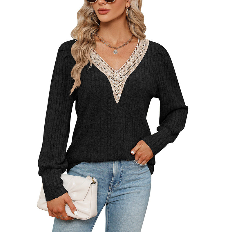 V-Neck Lace Trim Loose Fit Corduroy T-Shirt