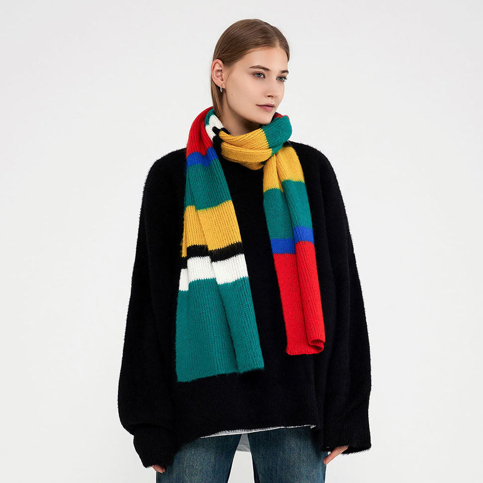 Rainbow Striped Acrylic Knit Scarf for Women