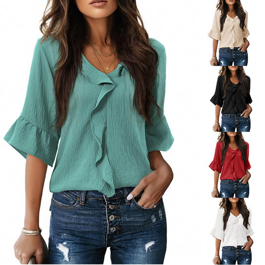 Casual Lantern Sleeve Blouse with Ruffled Hem
