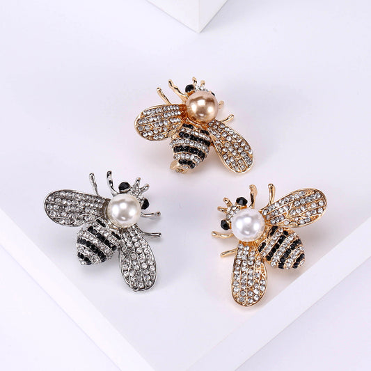 Trendy Alloy Rhinestone Bee Brooch Pearl Pin for Women's Blazer