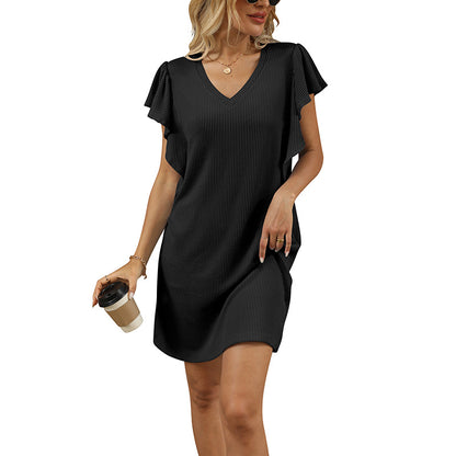 Color Block V-Neck A-Line Dress with Ruffle Sleeves