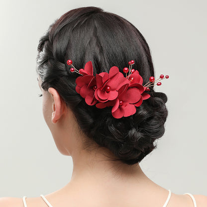 Red Fabric Flower Pearl Hair Comb Wedding Accessory