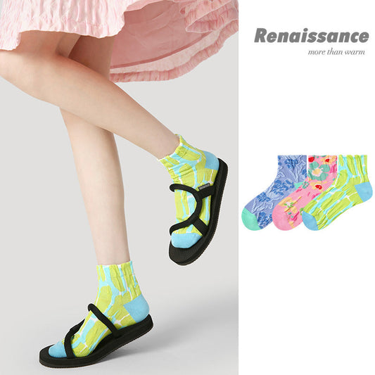 Socks Embossed Floral Combed Cotton Seamless Toe Casual