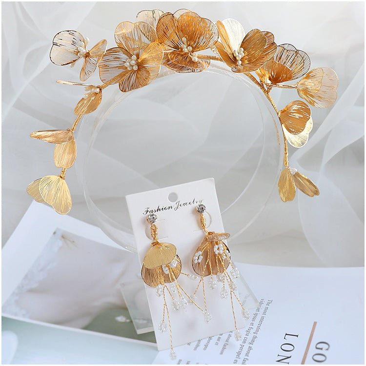 Golden Flower Bridal Headpiece with Matching Earrings