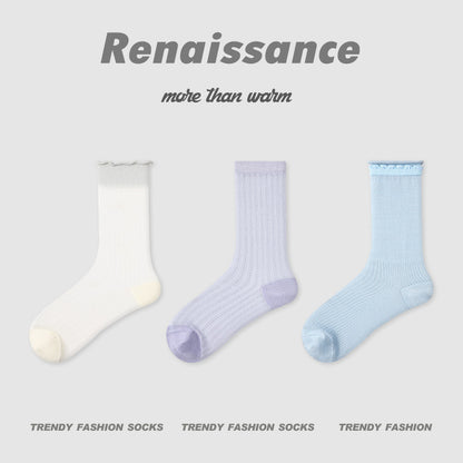 Mid Calf Striped Mesh Breathable Cotton Socks