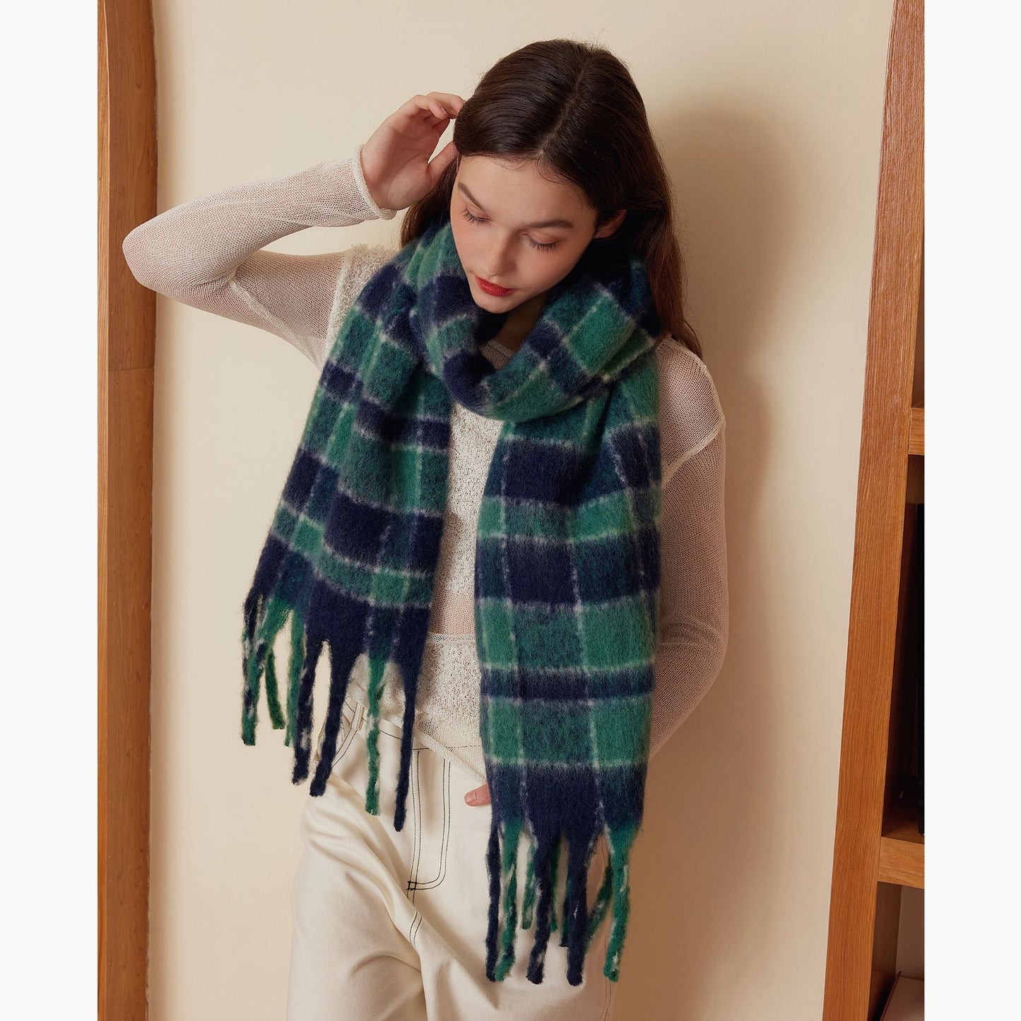 Designer Plaid Wool Scarf Soft Warm Wrap for Women