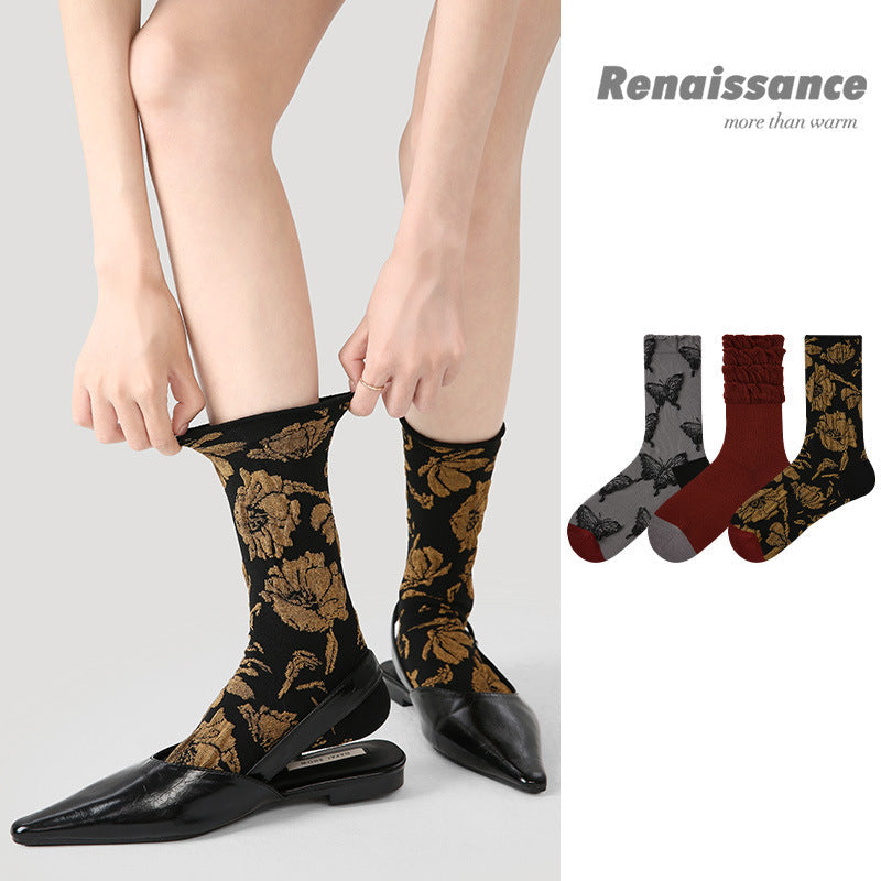Butterfly Floral Combed Cotton Mid Calf Socks