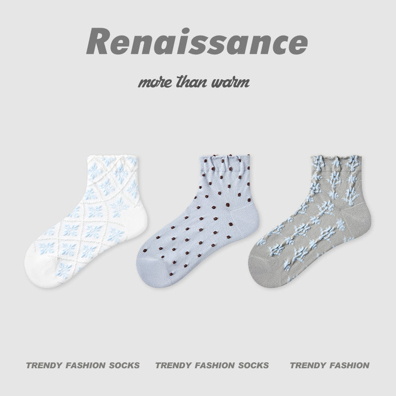 Socks Embossed Floral Combed Cotton Seamless Toe Casual