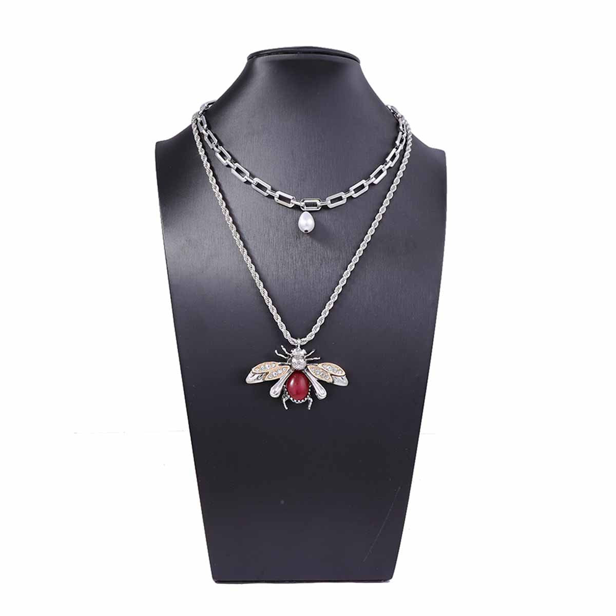 Set Of 2 Faux Pearl Bee Pendant Necklaces Micro Pave