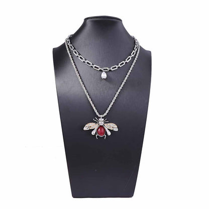 Set Of 2 Faux Pearl Bee Pendant Necklaces Micro Pave