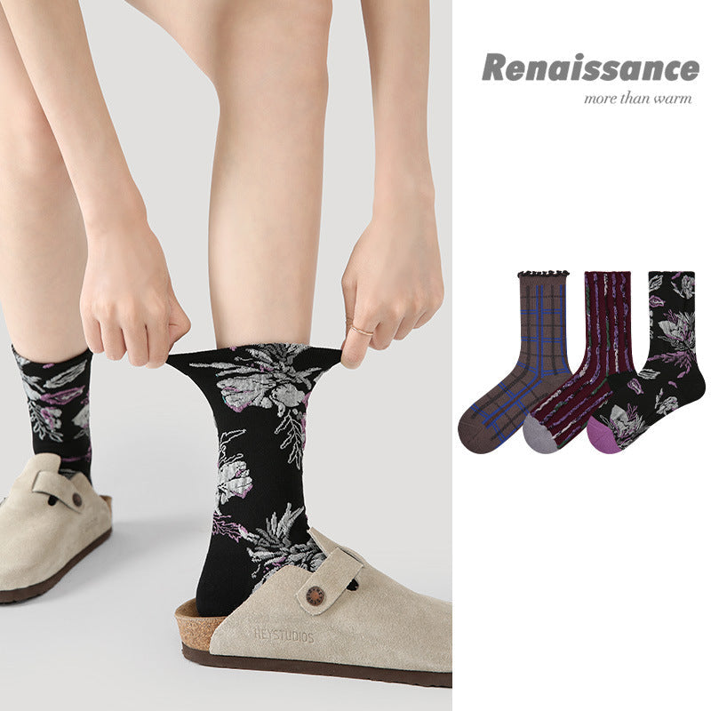 Socks Embossed Floral Mid Calf Cotton Moisture Wicking