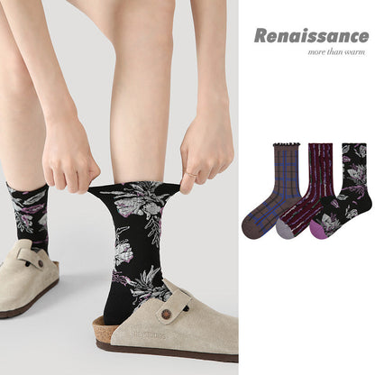 Socks Embossed Floral Mid Calf Cotton Moisture Wicking