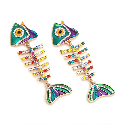 Earrings Fishbone Rhinestone Dangle Retro Chic