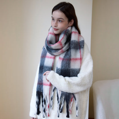 Thick Cozy Plaid Scarf with Fringes for Women
