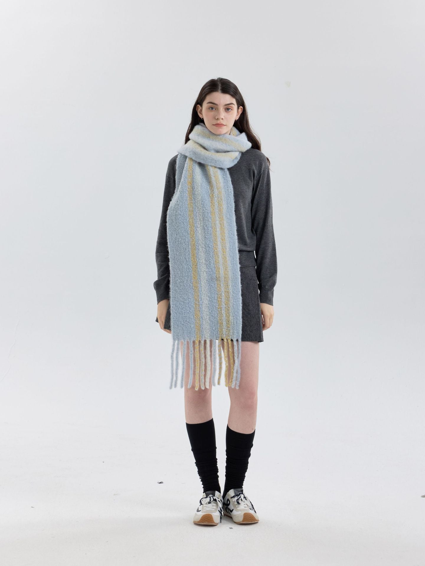 Trendy Striped Wool Scarf with Fringes for Women