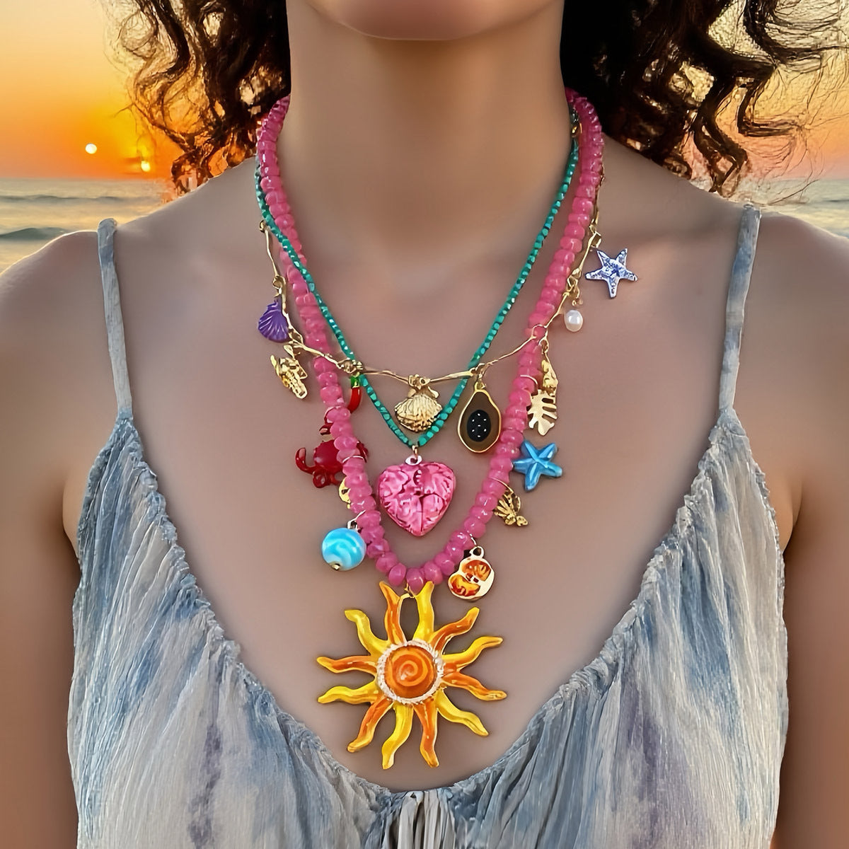 Layered Colorful Pendant Necklace Gold Plated Resort