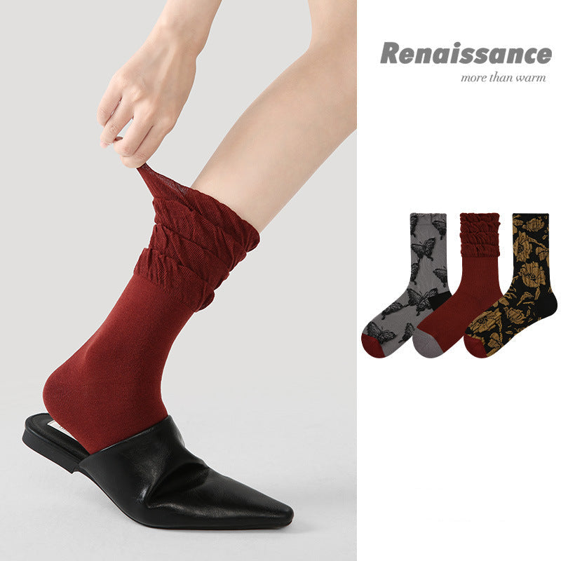 Butterfly Floral Combed Cotton Mid Calf Socks
